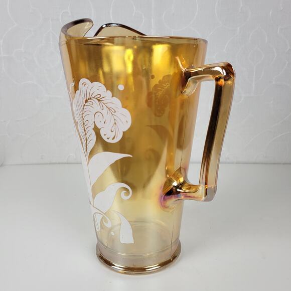 Vintage Jeanette Marigold Pitcher 9" Amber Peach Carnival Glass‎ Feather - Picture 8 of 13